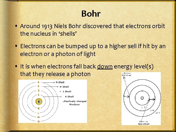 Bohr Around 1913 Niels Bohr discovered that electrons orbit the nucleus in ‘shells’ Electrons