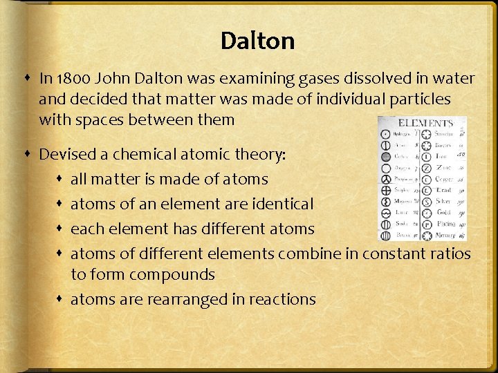 Dalton In 1800 John Dalton was examining gases dissolved in water and decided that
