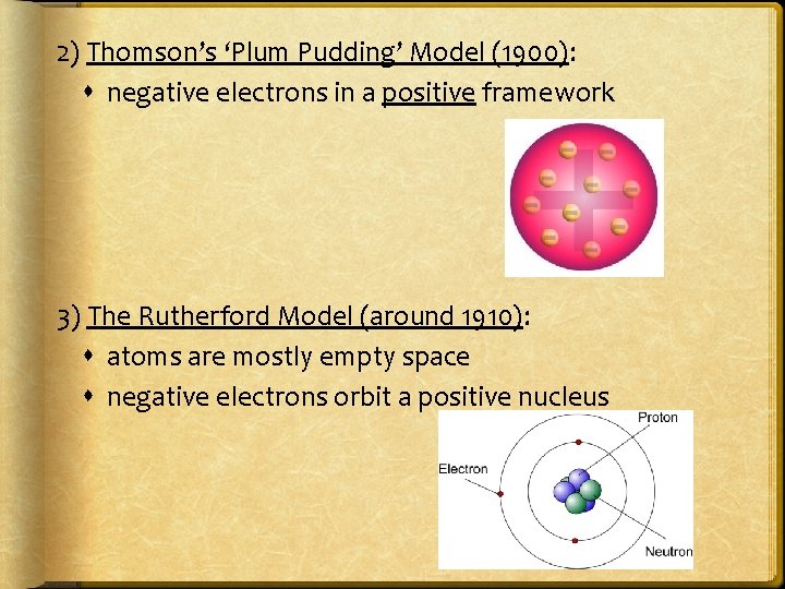 2) Thomson’s ‘Plum Pudding’ Model (1900): negative electrons in a positive framework 3) The