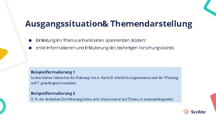 Ausgangssituation& Themendarstellung ● Einleitung ins Thema anhand eines spannenden ‚Köders’ ● erste Informationen und