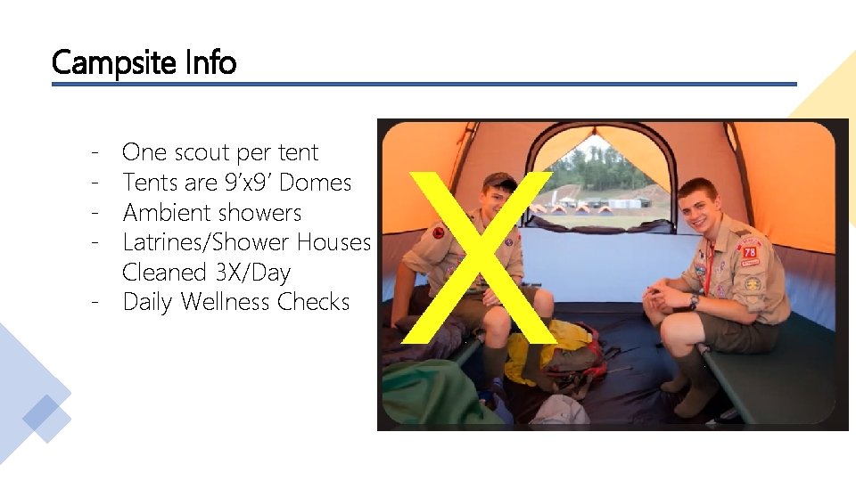 Campsite Info - One scout per tent Tents are 9’x 9’ Domes Ambient showers