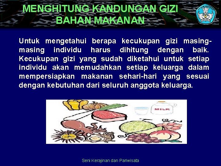 MENGHITUNG KANDUNGAN GIZI BAHAN MAKANAN Untuk mengetahui berapa kecukupan gizi masing individu harus dihitung