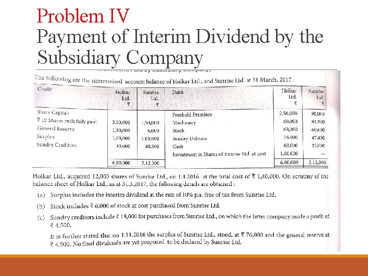 Problem IV Payment of Interim Dividend by the Subsidiary Company 