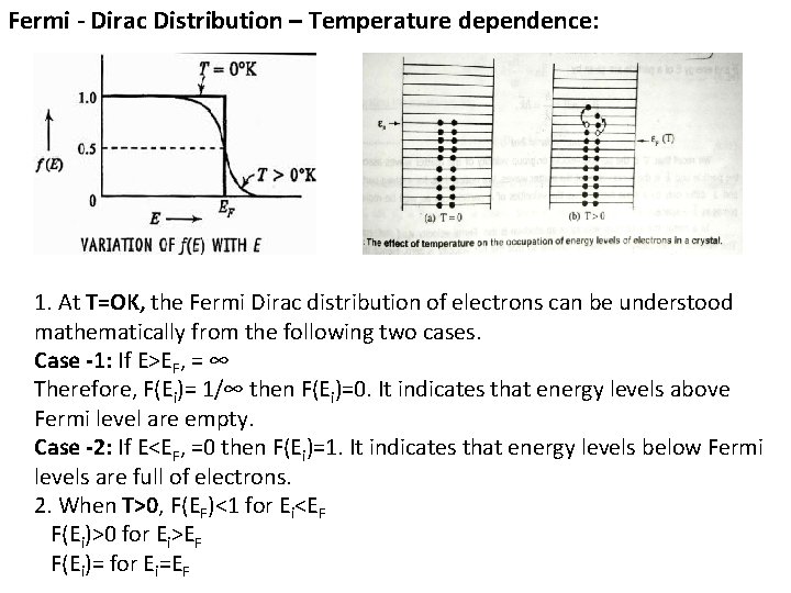 Fermi - Dirac Distribution – Temperature dependence: 1. At T=OK, the Fermi Dirac distribution
