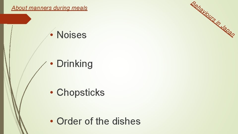 About manners during meals Be ha vio ur si n • Noises • Drinking