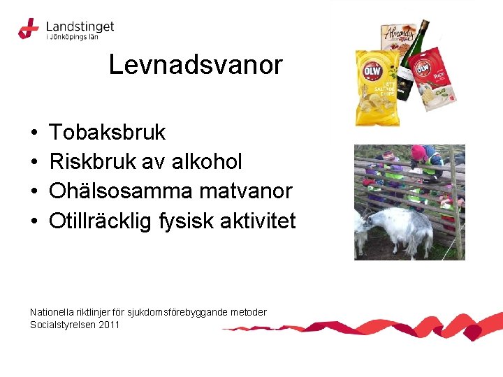 Levnadsvanor • • Tobaksbruk Riskbruk av alkohol Ohälsosamma matvanor Otillräcklig fysisk aktivitet Nationella riktlinjer