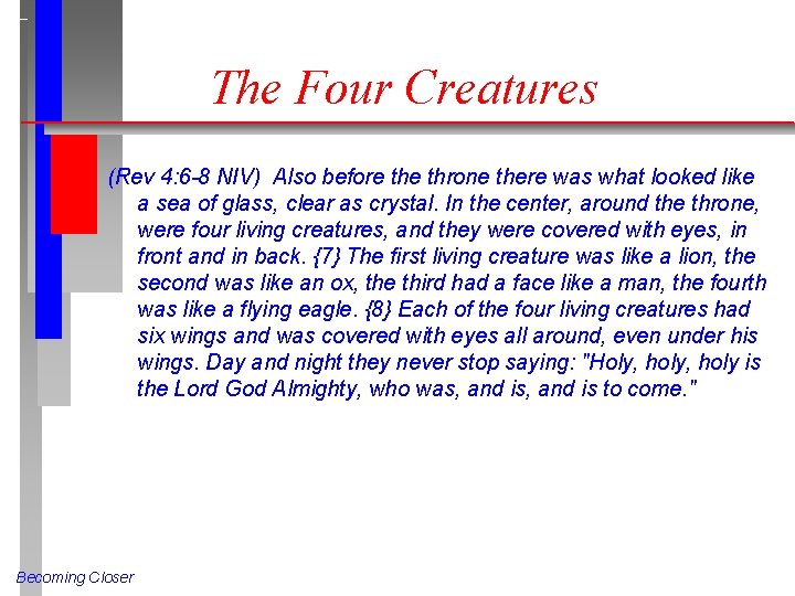 The Four Creatures (Rev 4: 6 -8 NIV) Also before throne there was what
