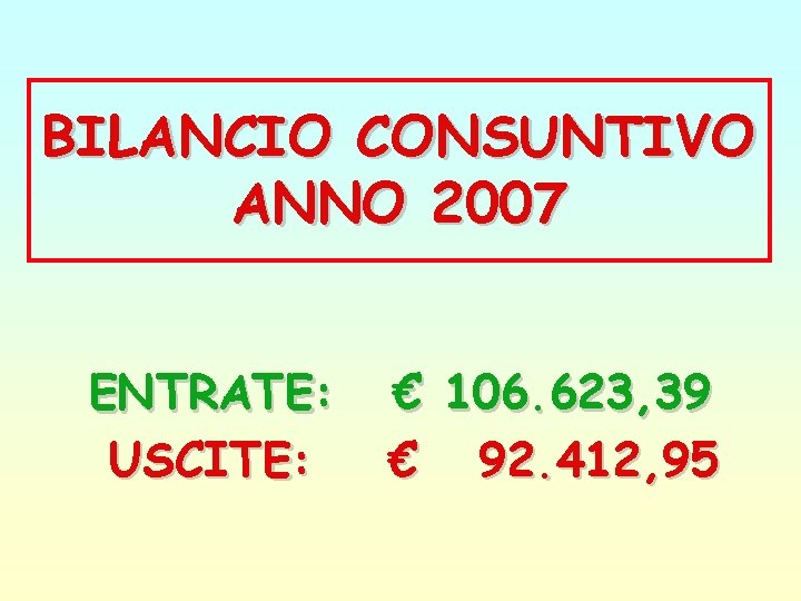 BILANCIO CONSUNTIVO ANNO 2007 ENTRATE: USCITE: € 106. 623, 39 € 92. 412, 95