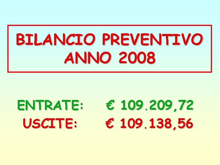 BILANCIO PREVENTIVO ANNO 2008 ENTRATE: USCITE: € € 109. 209, 72 109. 138, 56