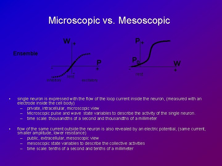 Microscopic vs. Mesoscopic W P+ + Ensemble inhibitory P - rest + P 0