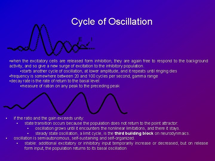 Cycle of Oscillation E I • when the excitatory cells are released form inhibition,