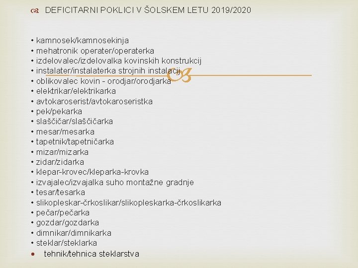 DEFICITARNI POKLICI V ŠOLSKEM LETU 2019/2020 • kamnosek/kamnosekinja • mehatronik operater/operaterka • izdelovalec/izdelovalka DEFICITARNI POKLICI V ŠOLSKEM LETU 2019/2020 • kamnosek/kamnosekinja • mehatronik operater/operaterka • izdelovalec/izdelovalka