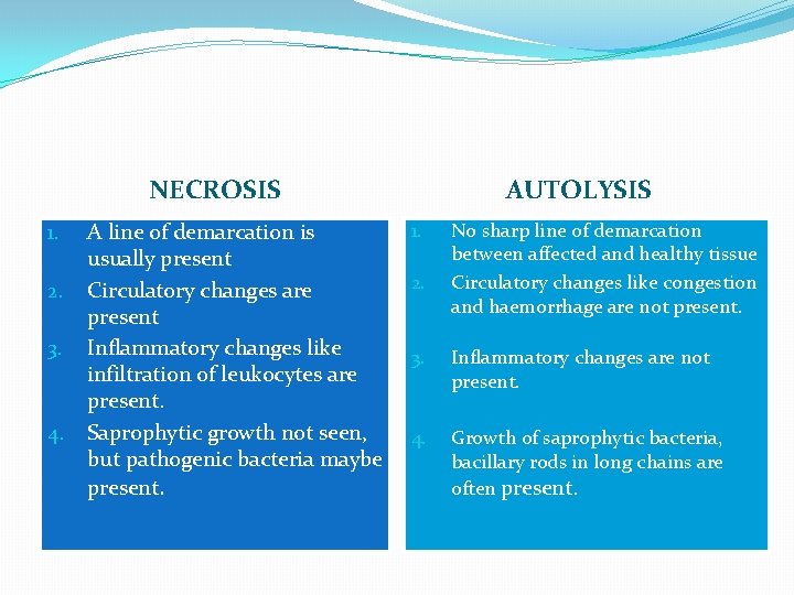 NECROSIS 1. 2. 3. 4. A line of demarcation is usually present Circulatory changes