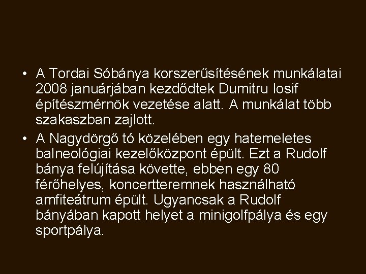  • A Tordai Sóbánya korszerűsítésének munkálatai 2008 januárjában kezdődtek Dumitru Iosif építészmérnök vezetése
