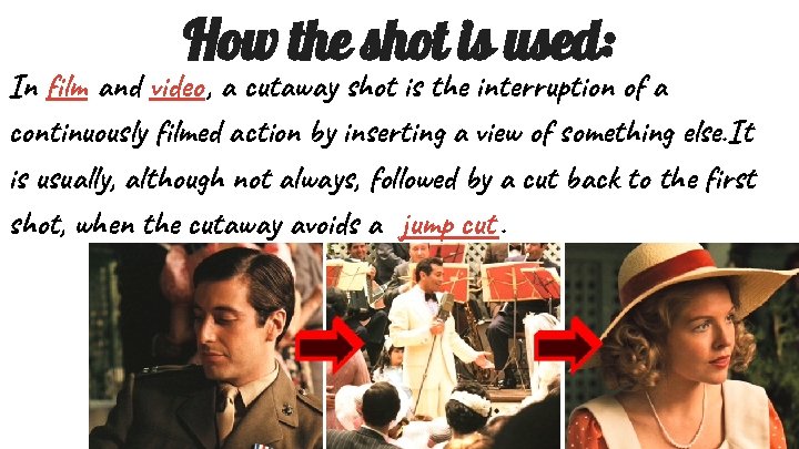 How the shot is used: In film and video, a cutaway shot is the