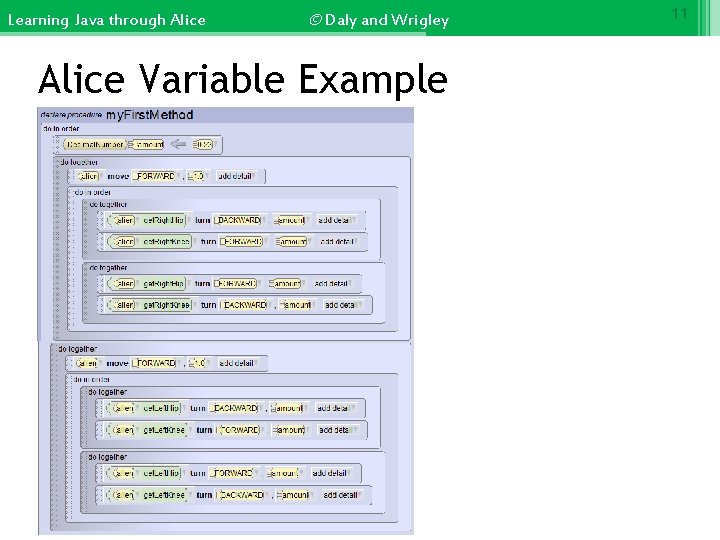 Learning Java through Alice © Daly and Wrigley Alice Variable Example 11 