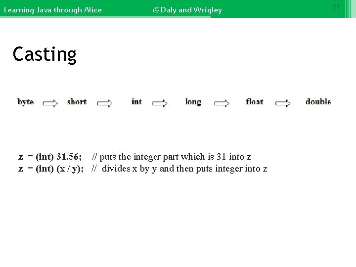 Learning Java through Alice © Daly and Wrigley Casting z = (int) 31. 56;