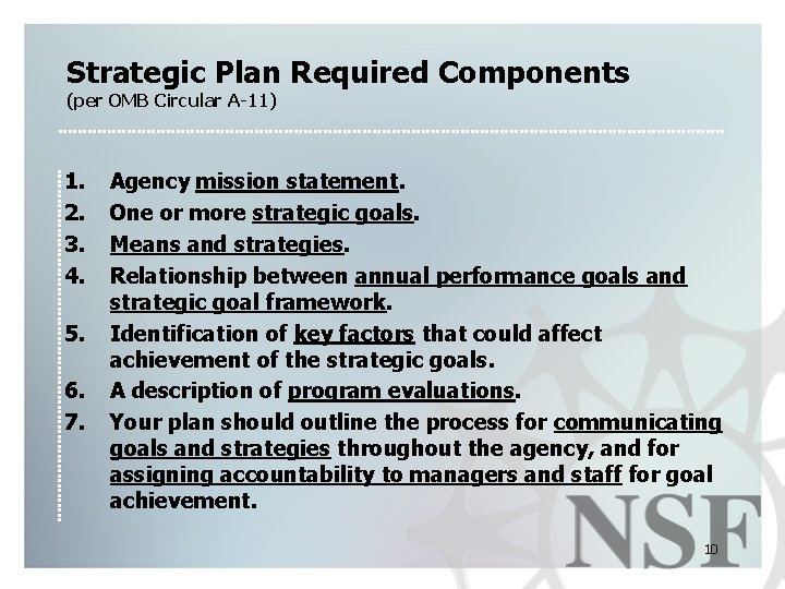 Strategic Plan Required Components (per OMB Circular A-11) 1. 2. 3. 4. 5. 6.