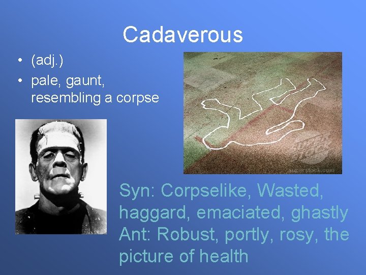 Cadaverous • (adj. ) • pale, gaunt, resembling a corpse Syn: Corpselike, Wasted, haggard,