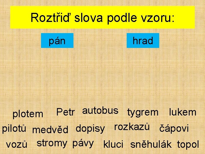 Roztřiď slova podle vzoru: pán hrad plotem Petr autobus tygrem lukem pilotů medvěd dopisy
