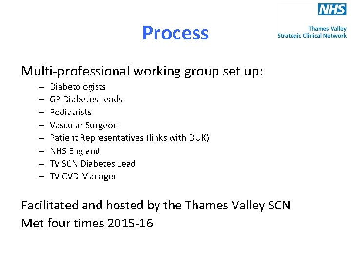 Process Multi-professional working group set up: – – – – Diabetologists GP Diabetes Leads