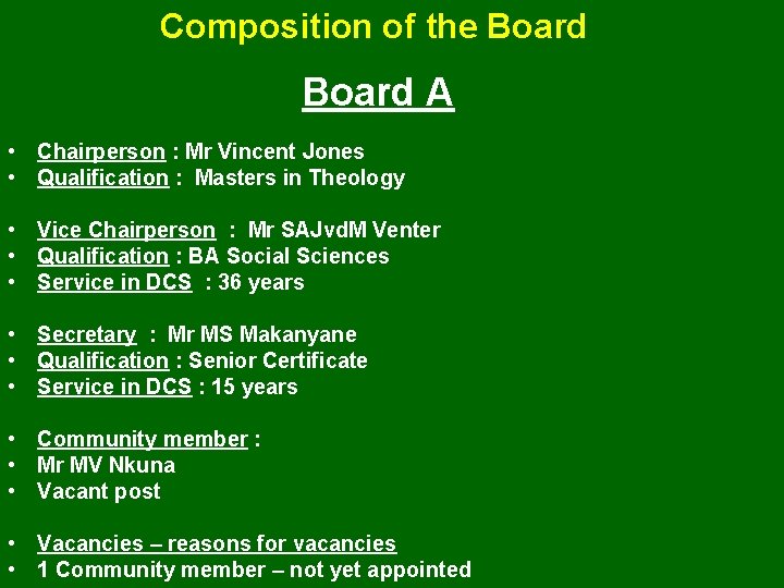 Composition of the Board A • Chairperson : Mr Vincent Jones • Qualification :