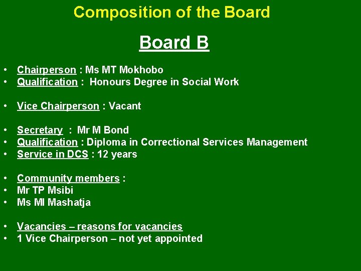 Composition of the Board B • Chairperson : Ms MT Mokhobo • Qualification :