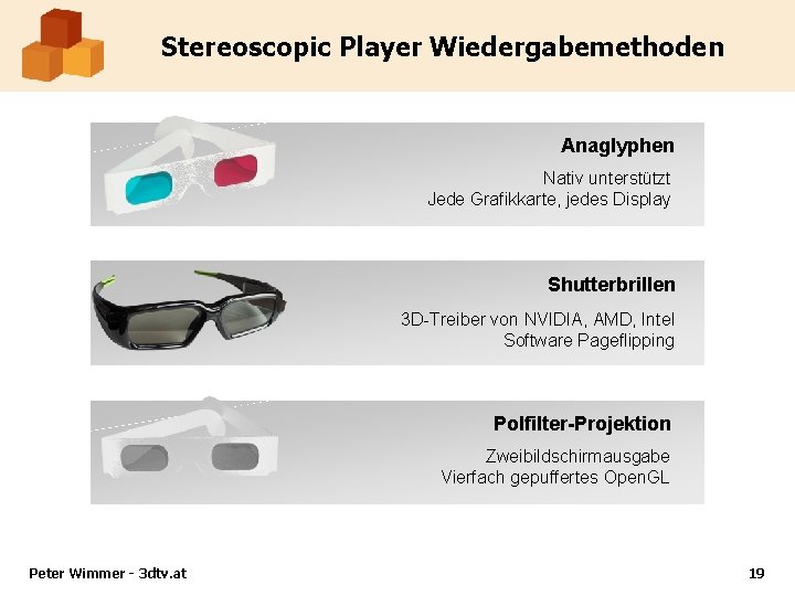 Stereoscopic Player Wiedergabemethoden Anaglyphen Nativ unterstützt Jede Grafikkarte, jedes Display Shutterbrillen 3 D-Treiber von