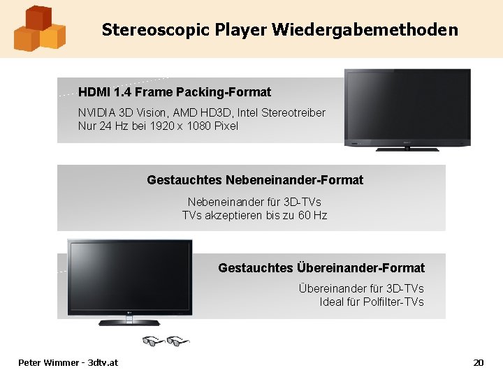 Stereoscopic Player Wiedergabemethoden HDMI 1. 4 Frame Packing-Format NVIDIA 3 D Vision, AMD HD