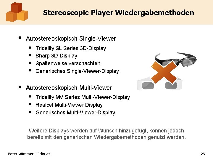 Stereoscopic Player Wiedergabemethoden § Autostereoskopisch Single-Viewer § § § Tridelity SL Series 3 D-Display