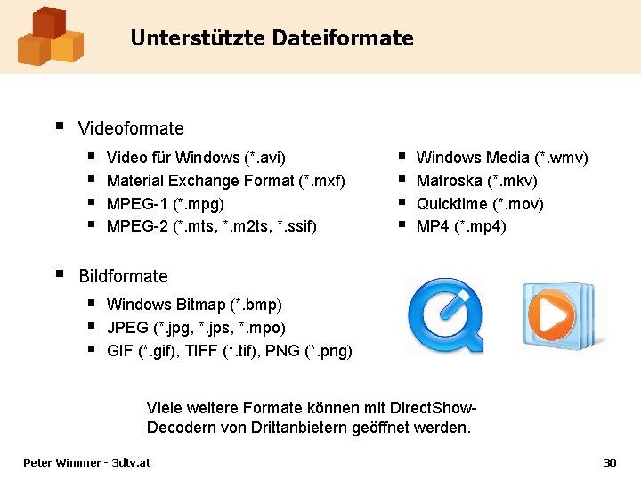 Unterstützte Dateiformate § Videoformate § § § Video für Windows (*. avi) Material Exchange