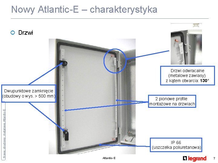 Nowy Atlantic-E – charakterystyka ¢ Drzwi odwracalne (metalowe zawiasy) z kątem otwarcia: 130° Nowe