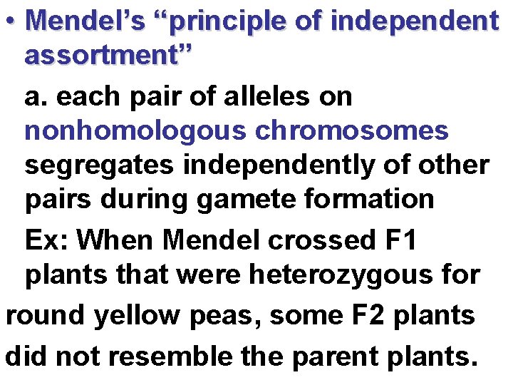  • Mendel’s “principle of independent assortment” a. each pair of alleles on nonhomologous