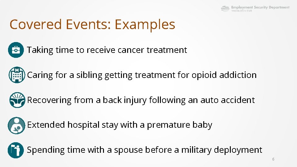 Covered Events: Examples Taking time to receive cancer treatment Caring for a sibling getting