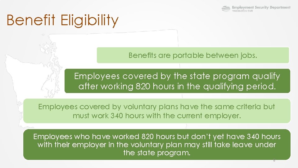 Benefit Eligibility Benefits are portable between jobs. Employees covered by the state program qualify