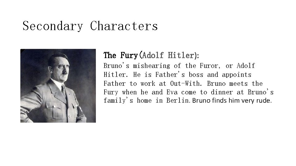 Secondary Characters The Fury(Adolf Hitler): Bruno's mishearing of the Furor, or Adolf Hitler. He