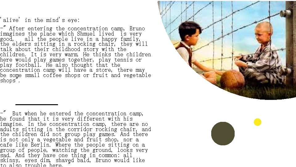 'alive' in the mind's eye: -" After entering the concentration camp, Bruno imagines the