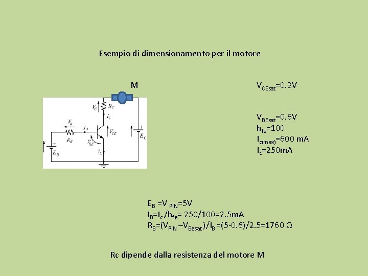 Esempio di dimensionamento per il motore M VCEsat=0. 3 V VBEsat=0. 6 V hfe=100