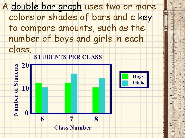 A double bar graph uses two or more colors or shades of bars and A double bar graph uses two or more colors or shades of bars and