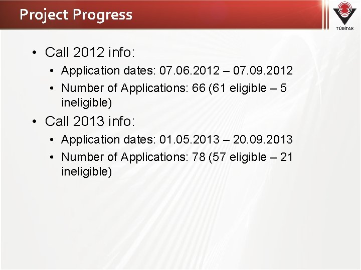 Project Progress TÜBİTAK • Call 2012 info: • Application dates: 07. 06. 2012 –