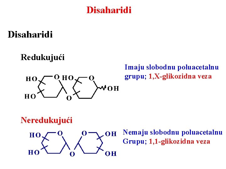 Disaharidi Redukujući Imaju slobodnu poluacetalnu grupu; 1, X-glikozidna veza Neredukujući Nemaju slobodnu poluacetalnu Grupu;