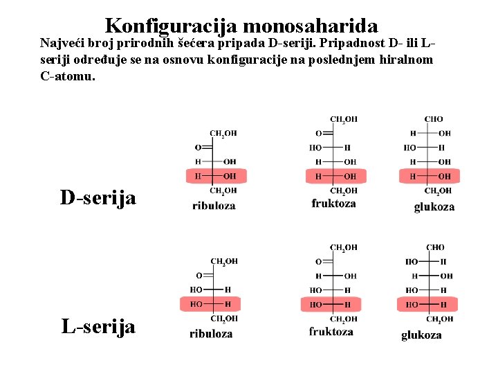 Konfiguracija monosaharida Najveći broj prirodnih šećera pripada D-seriji. Pripadnost D- ili Lseriji određuje se