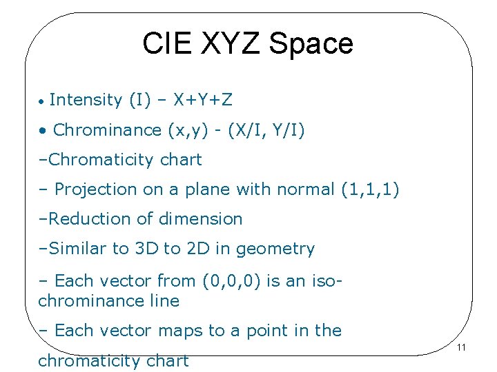 CIE XYZ Space • Intensity (I) – X+Y+Z • Chrominance (x, y) - (X/I,