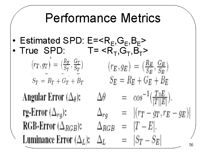 Performance Metrics • Estimated SPD: E=<RE, GE, BE> • True SPD: T= <RT, GT,