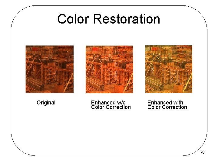 Color Restoration Original Enhanced w/o Color Correction Enhanced with Color Correction 70 