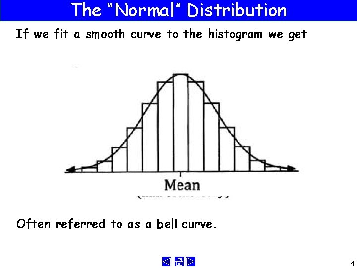 The “Normal” Distribution If we fit a smooth curve to the histogram we get