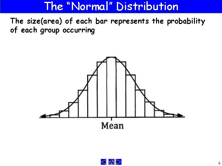The “Normal” Distribution The size(area) of each bar represents the probability of each group
