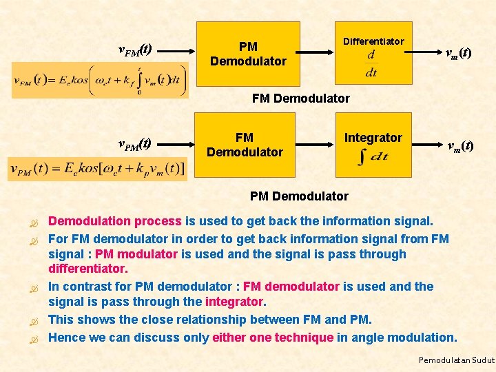 v. FM(t) PM Demodulator Differentiator vm(t) FM Demodulator v. PM(t) FM Demodulator Integrator vm(t)