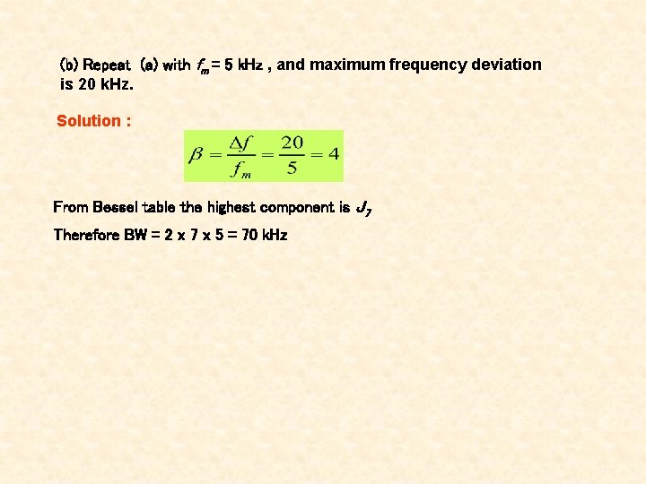 (b) Repeat (a) with fm = 5 k. Hz , and maximum frequency deviation (b) Repeat (a) with fm = 5 k. Hz , and maximum frequency deviation