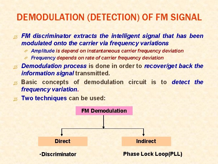 DEMODULATION (DETECTION) OF FM SIGNAL FM discriminator extracts the intelligent signal that has been